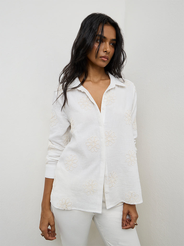 LOV Off-White Floral Embroidered Cotton Shirt