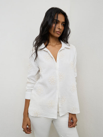 LOV Off-White Floral Embroidered Cotton Shirt