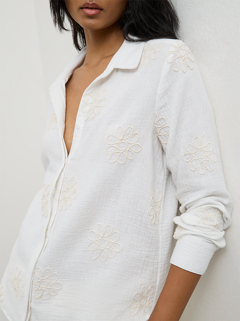 LOV Off-White Floral Embroidered Cotton Shirt