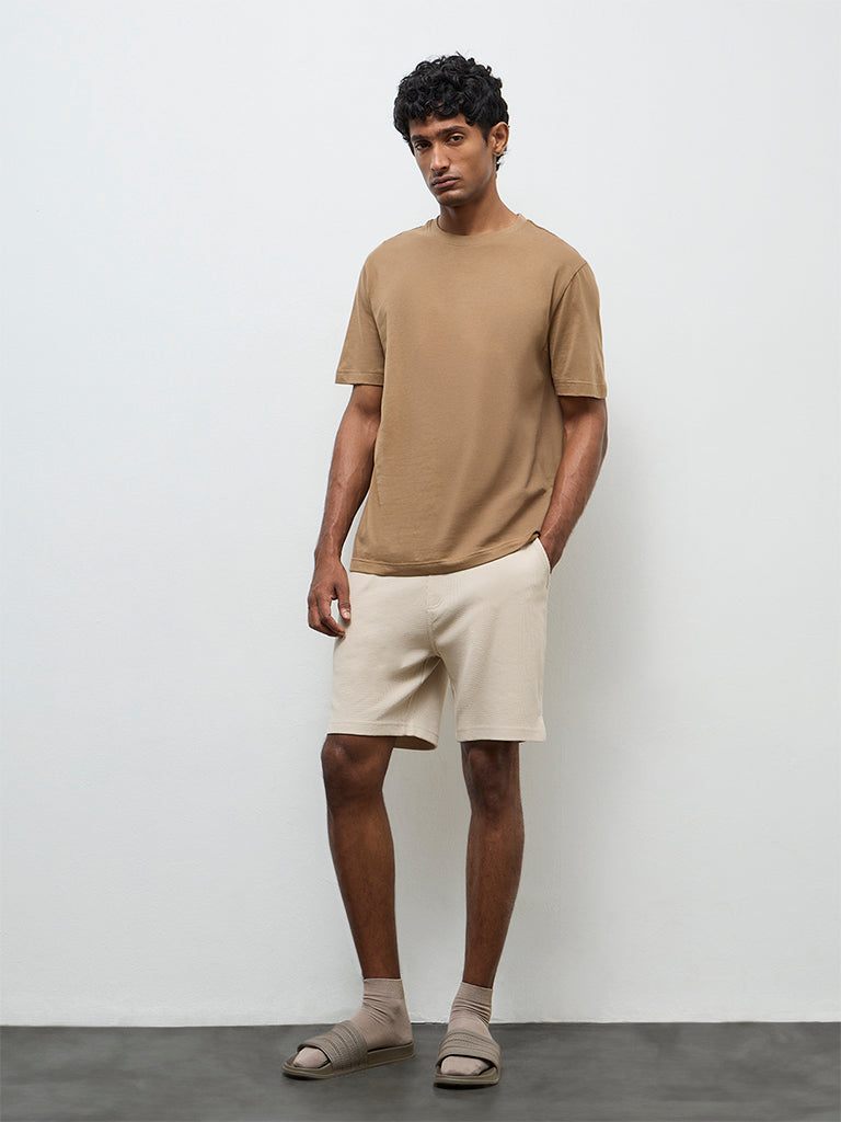 WES Lounge Beige Textured Relaxed-Fit Mid-Rise Cotton-Blend Shorts
