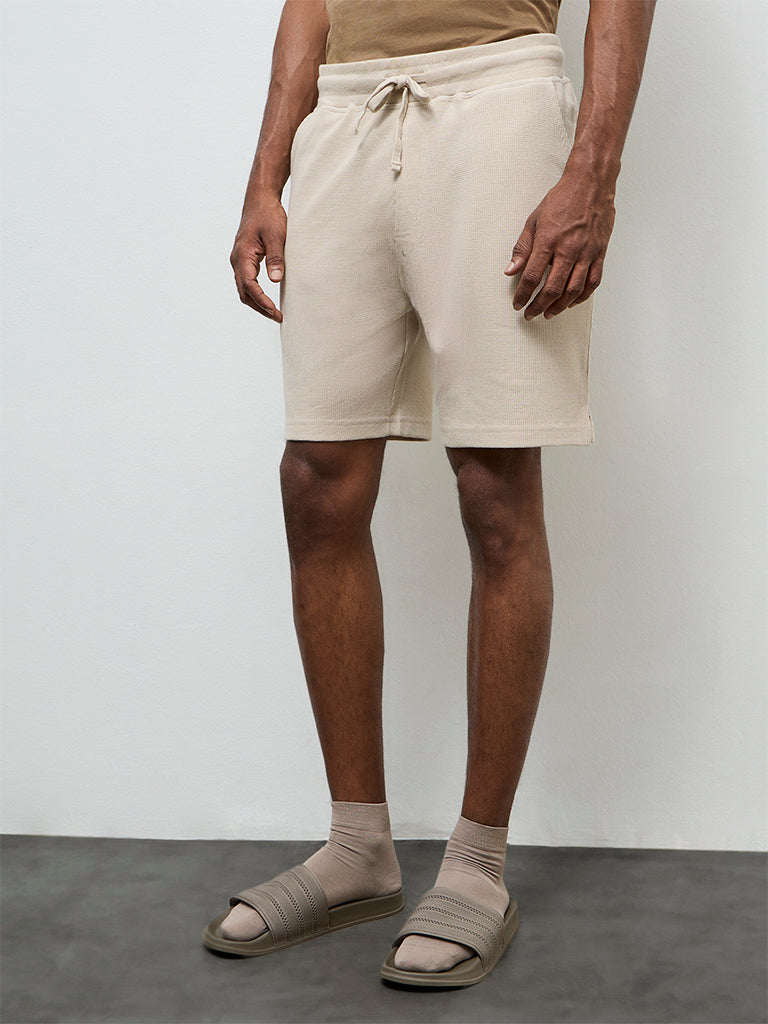 WES Lounge Beige Textured Relaxed-Fit Mid-Rise Cotton-Blend Shorts