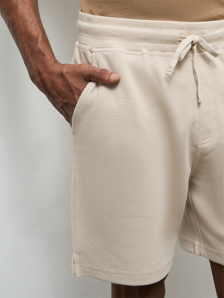 WES Lounge Beige Textured Relaxed-Fit Mid-Rise Cotton-Blend Shorts