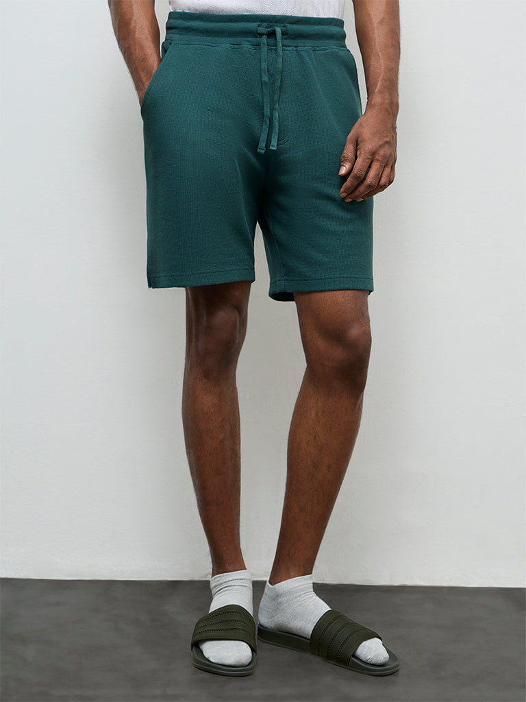 WES Lounge Teal Textured Relaxed-Fit Mid-Rise Cotton-Blend Shorts