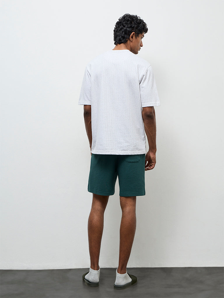 WES Lounge Teal Textured Relaxed-Fit Mid-Rise Cotton-Blend Shorts