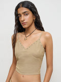 Nuon Khaki Embellished Linen Top