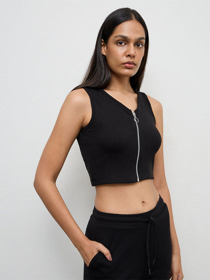 Nuoflexx Black Ribbed Zip-Front Top