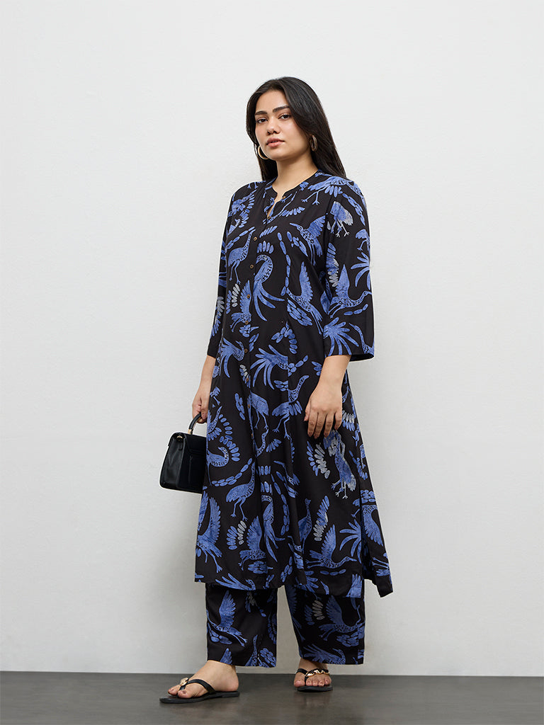 Diza Black Bird Pattern A-Line Kurta