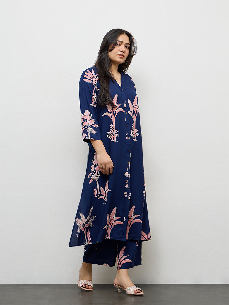 Diza Dark Blue Botanical Design A-Line Kurta