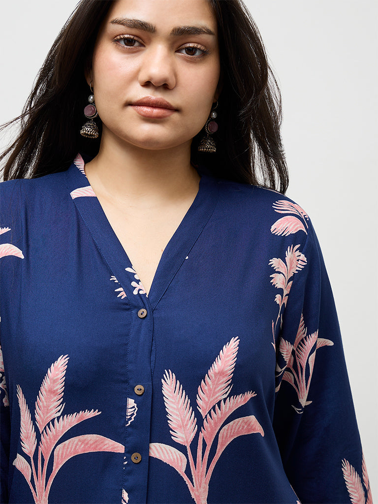 Diza Dark Blue Botanical Design A-Line Kurta