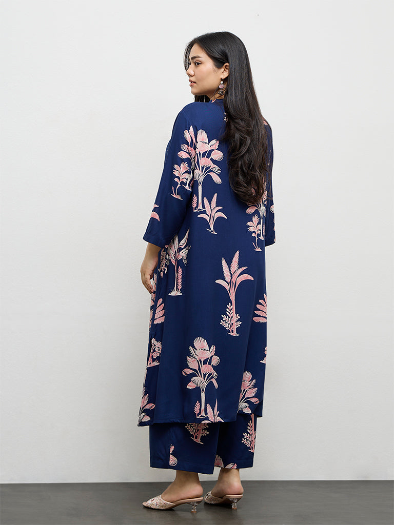 Diza Dark Blue Botanical Design A-Line Kurta