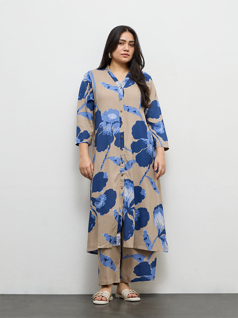 Diza Taupe Foliage Printed A-Line Kurta