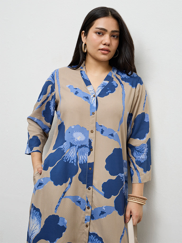 Diza Taupe Foliage Printed A-Line Kurta
