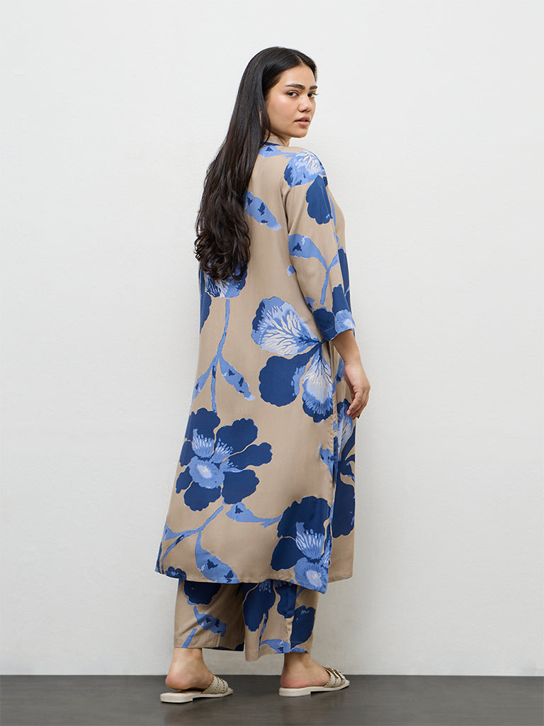 Diza Taupe Foliage Printed A-Line Kurta