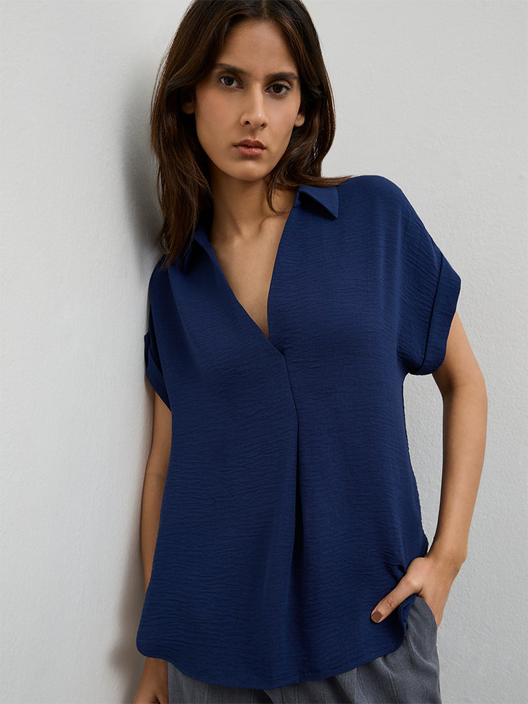 Wardrobe Navy Crinkle-Textured Blouse