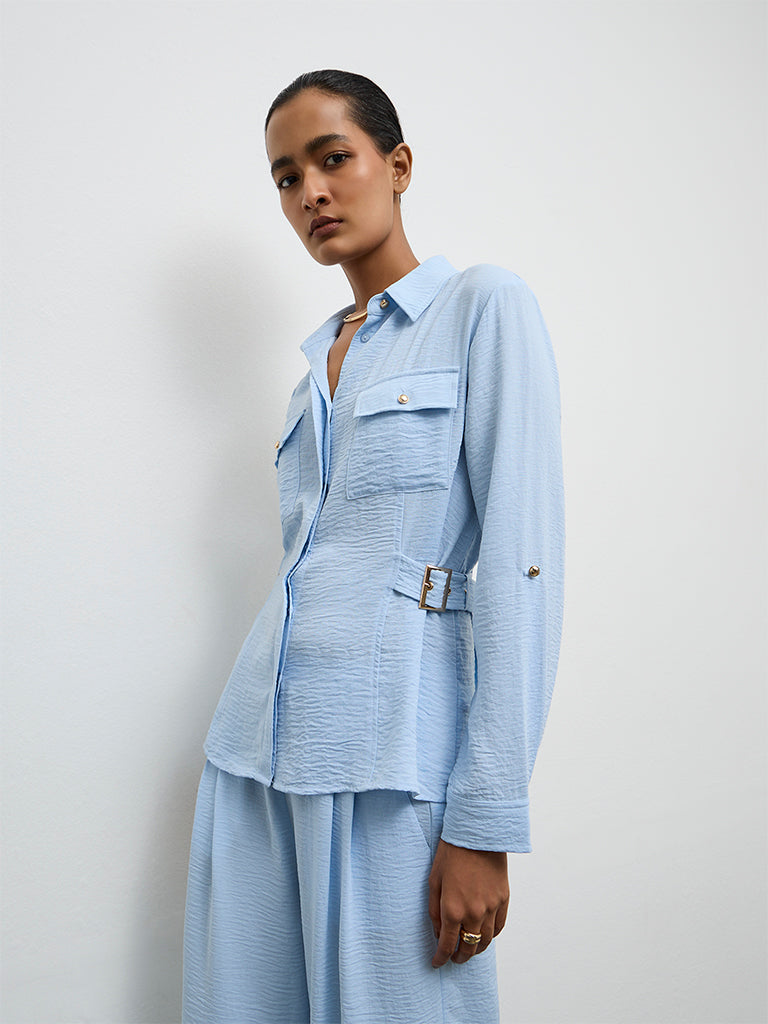 Wardrobe Light Blue Buckle-Detail Shirt