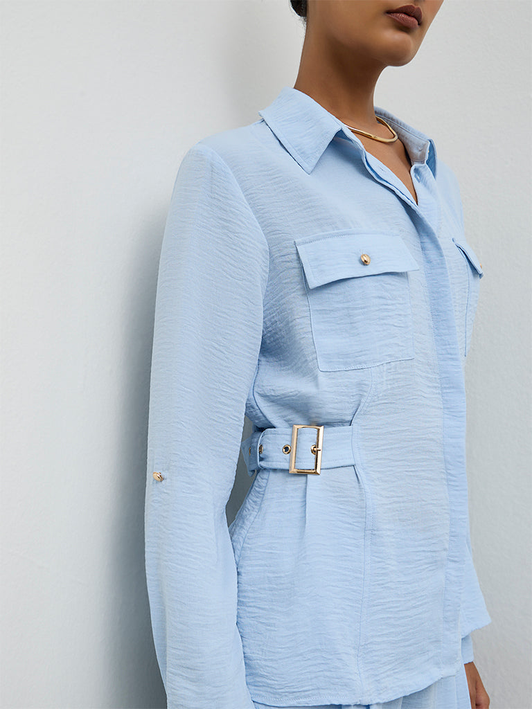 Wardrobe Light Blue Buckle-Detail Shirt
