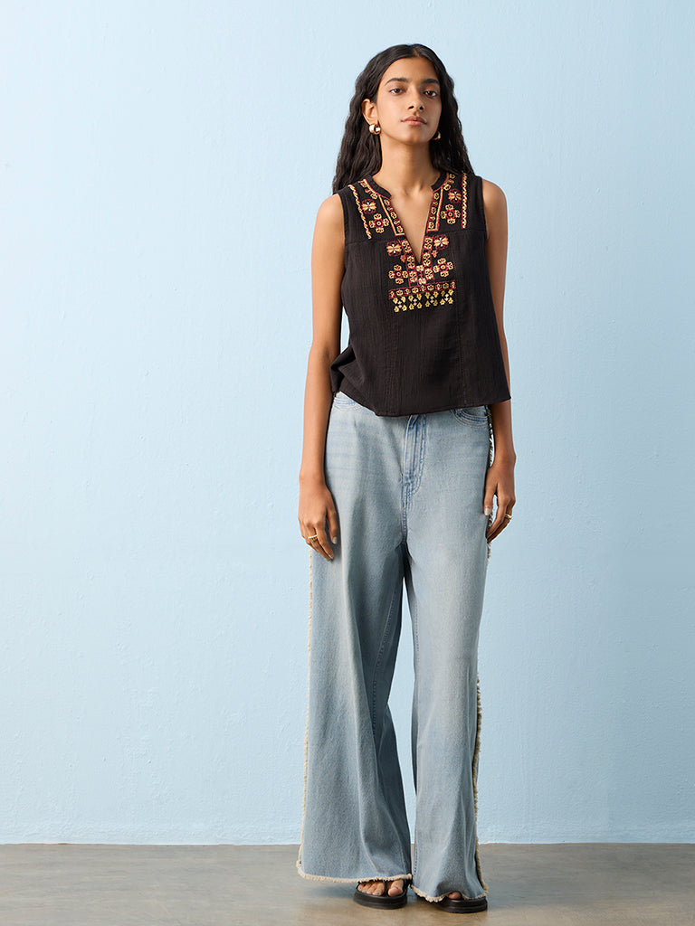 Bombay Paisley Black Embroidered Cotton Top