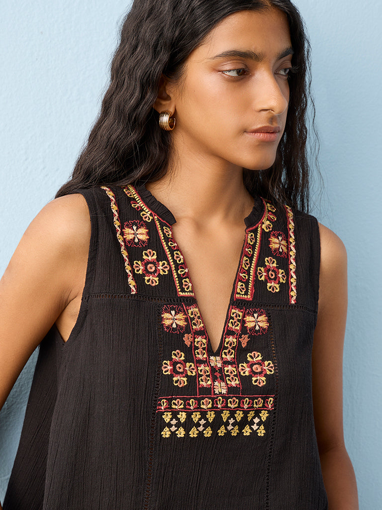 Bombay Paisley Black Embroidered Cotton Top