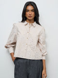 LOV Light Beige Floral Embroidered Cotton Shirt