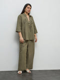 Gia Olive Floral Embroidered High-Rise Trousers