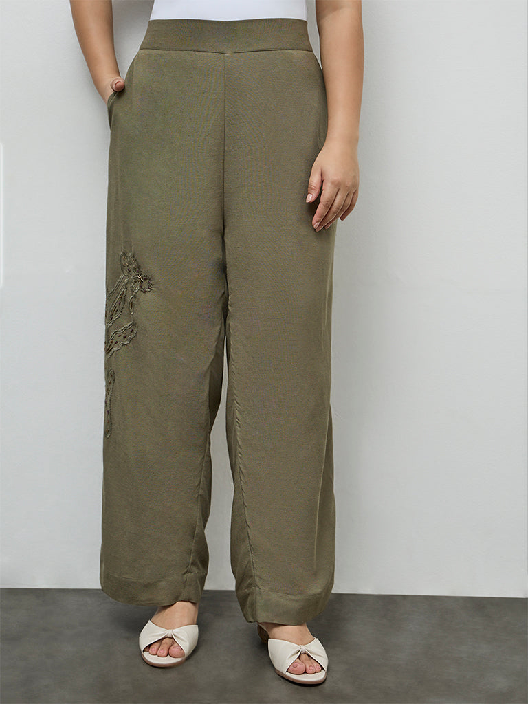 Gia Olive Floral Embroidered High-Rise Trousers