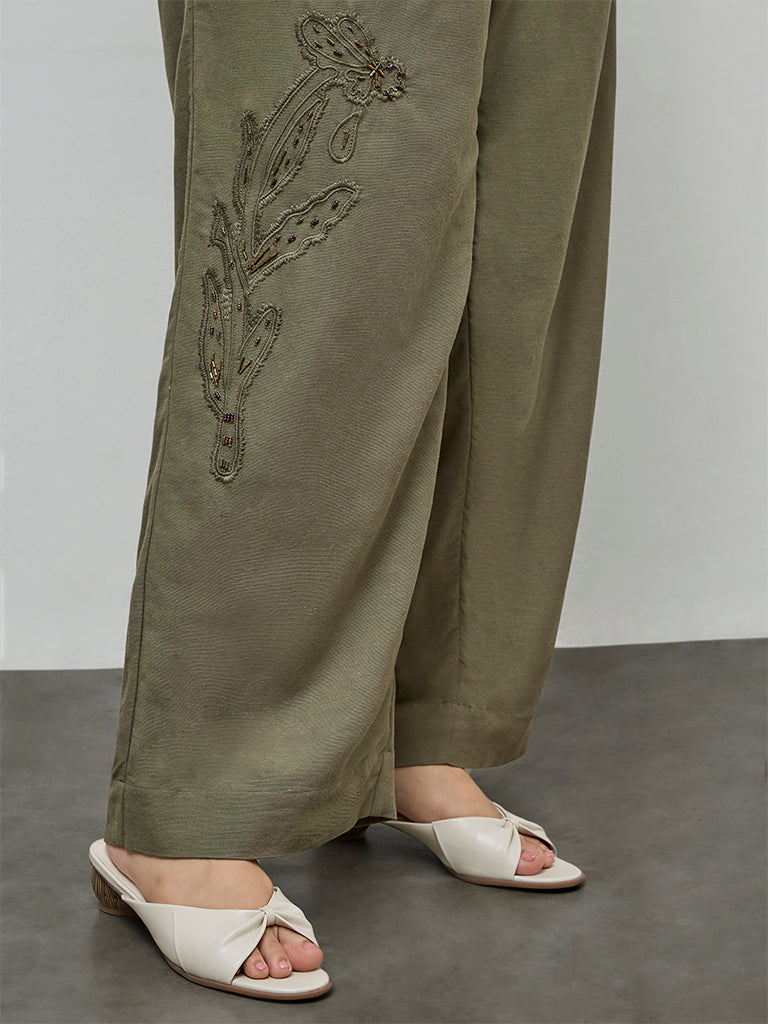 Gia Olive Floral Embroidered High-Rise Trousers