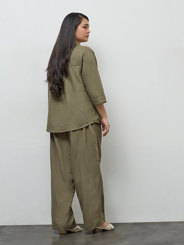 Gia Olive Floral Embroidered High-Rise Trousers