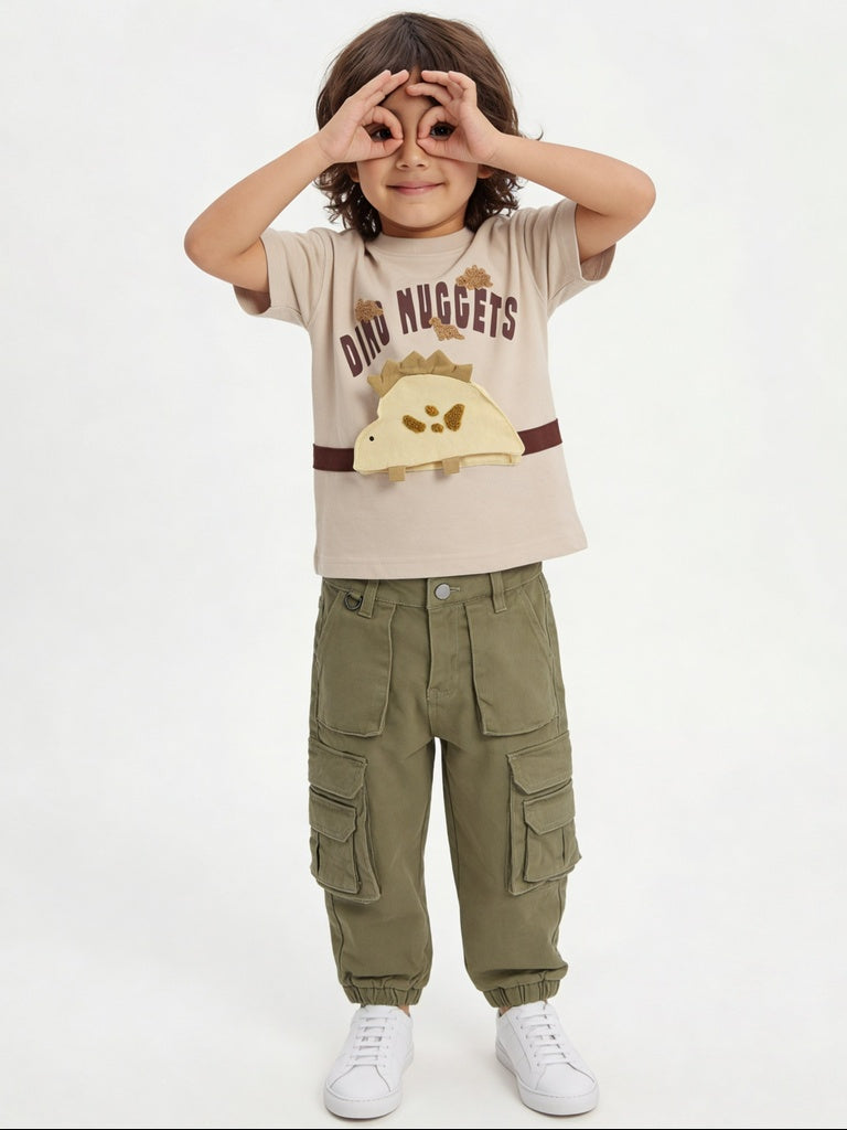 HOP Kids Boys Beige Printed Cotton T-Shirt