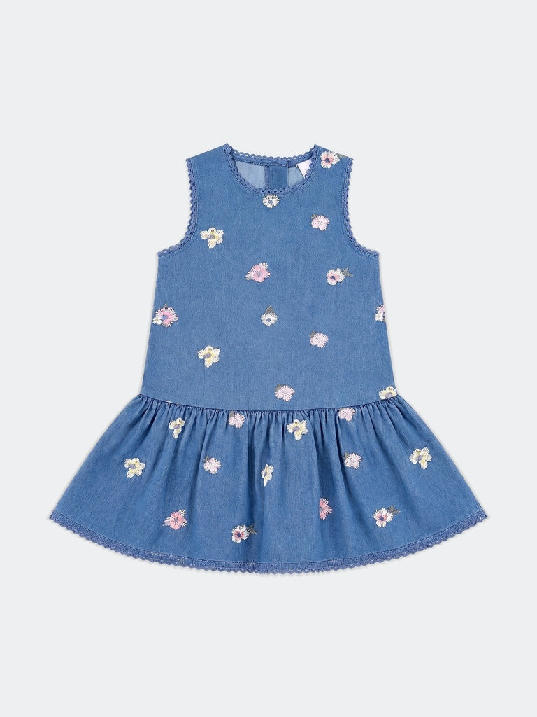 HOP Kids Girls Blue Embroidered Denim Dress