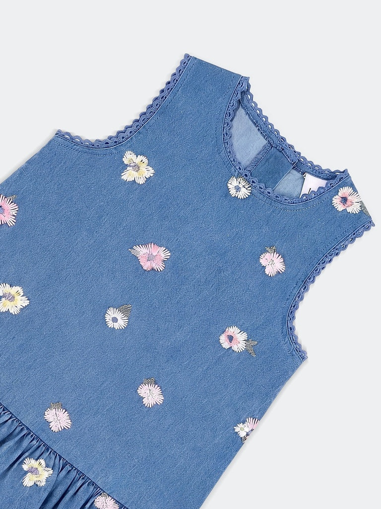 HOP Kids Girls Blue Embroidered Denim Dress
