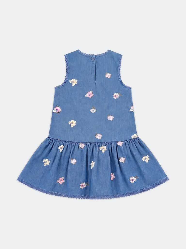 HOP Kids Girls Blue Embroidered Denim Dress