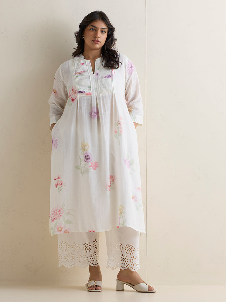 Diza White Floral Printed A-Line Kurta