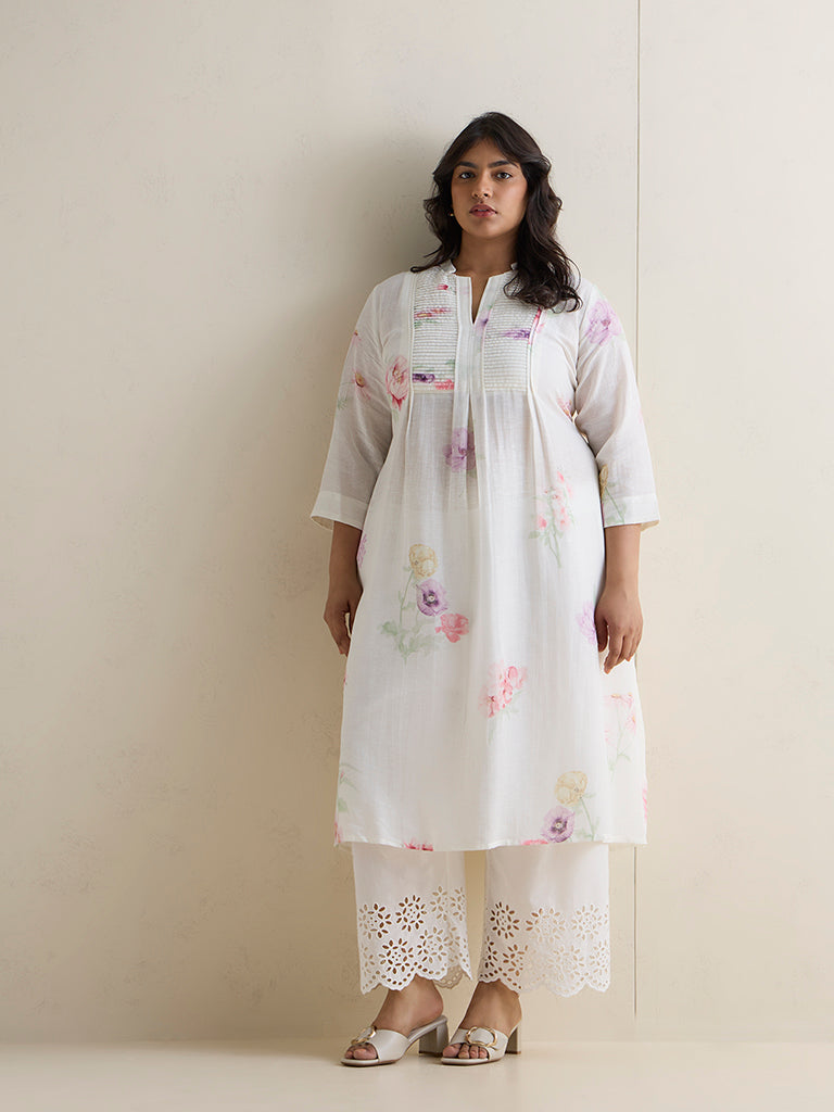 Diza White Floral Printed A-Line Kurta