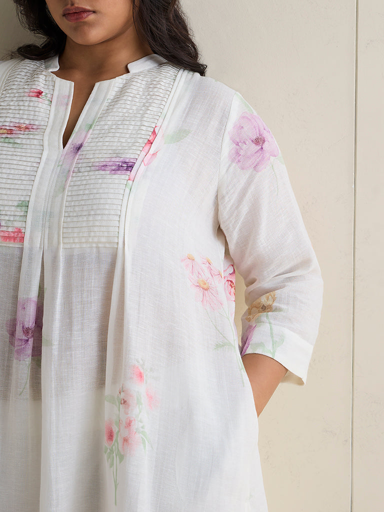 Diza White Floral Printed A-Line Kurta