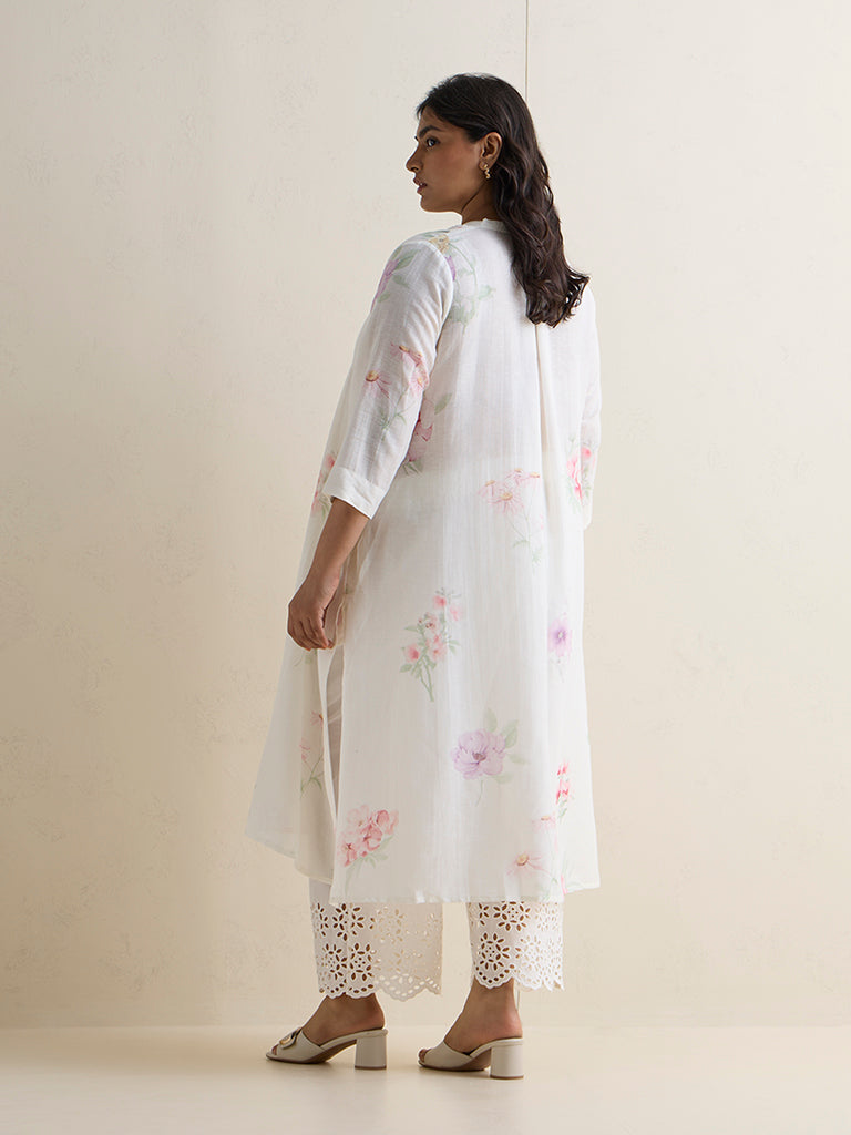 Diza White Floral Printed A-Line Kurta