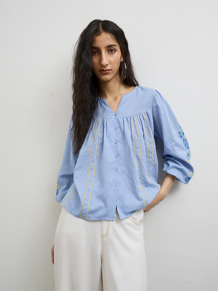 Bombay Paisley Blue Embroidered Cotton Top