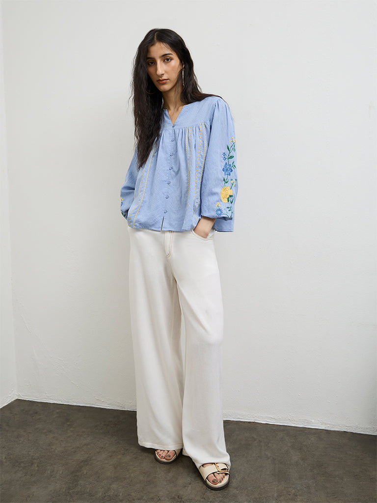 Bombay Paisley Blue Embroidered Cotton Top