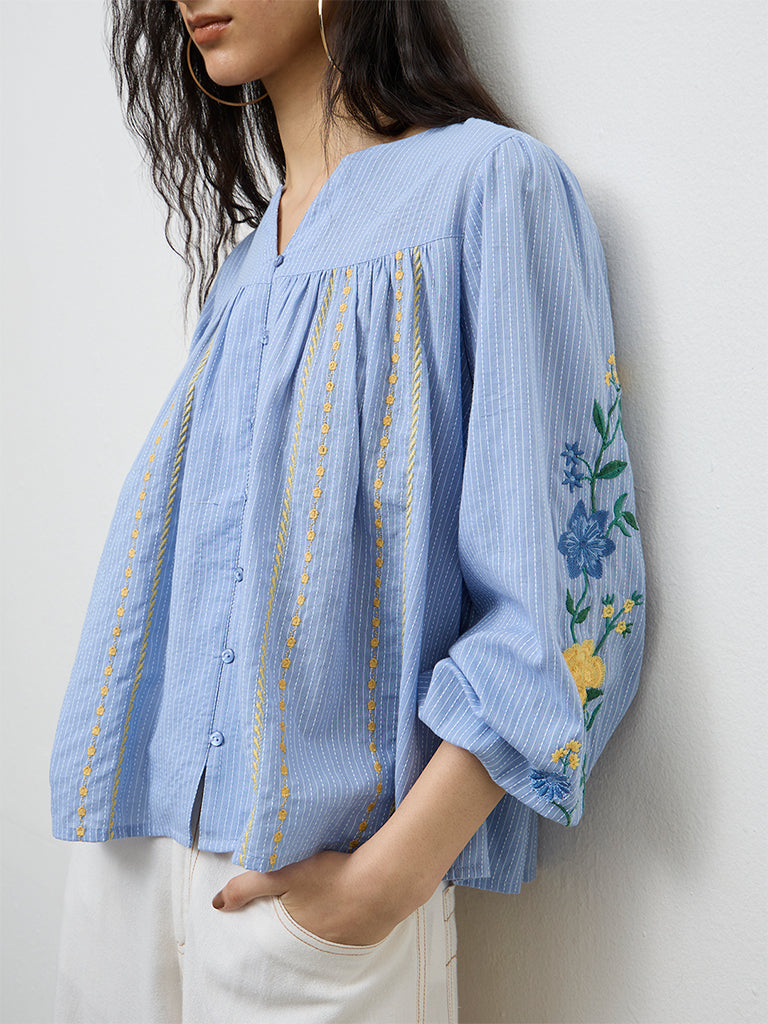 Bombay Paisley Blue Embroidered Cotton Top