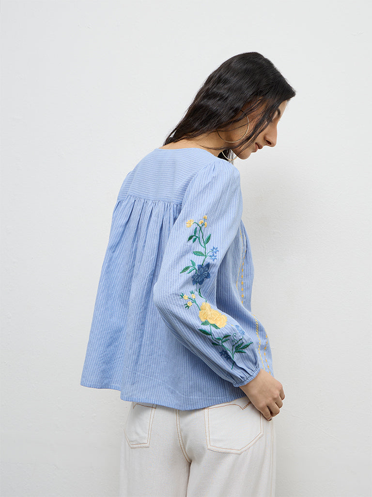 Bombay Paisley Blue Embroidered Cotton Top