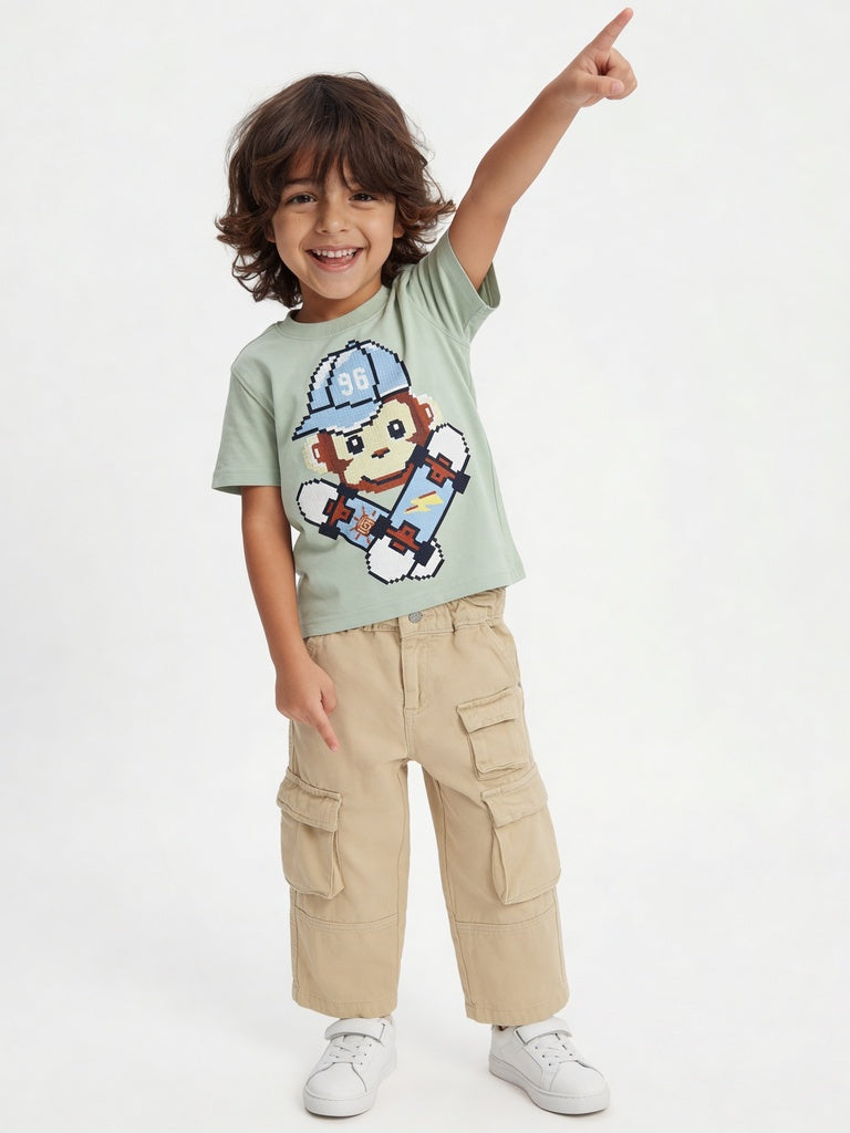 HOP Kids Boys Sage Printed Cotton T-Shirt