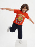 HOP Kids Boys Orange Printed Cotton T-Shirt