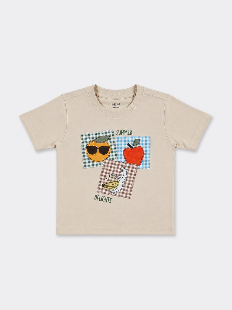 HOP Kids Boys Beige Fruit Patch Cotton T-Shirt