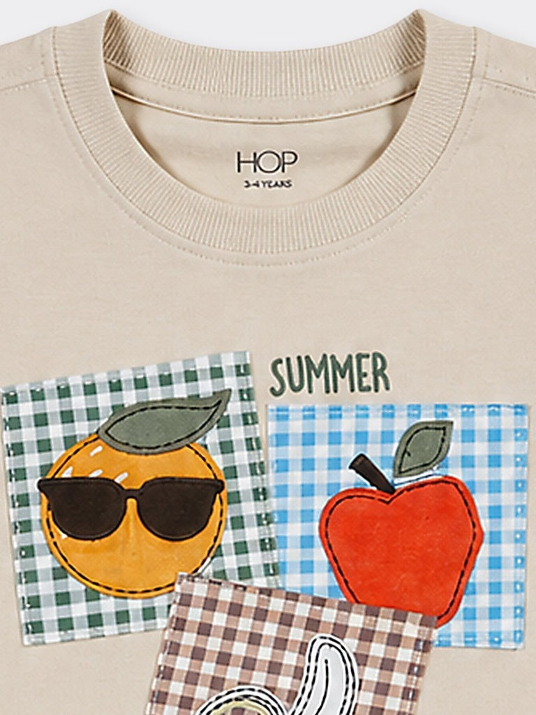 HOP Kids Boys Beige Fruit Patch Cotton T-Shirt
