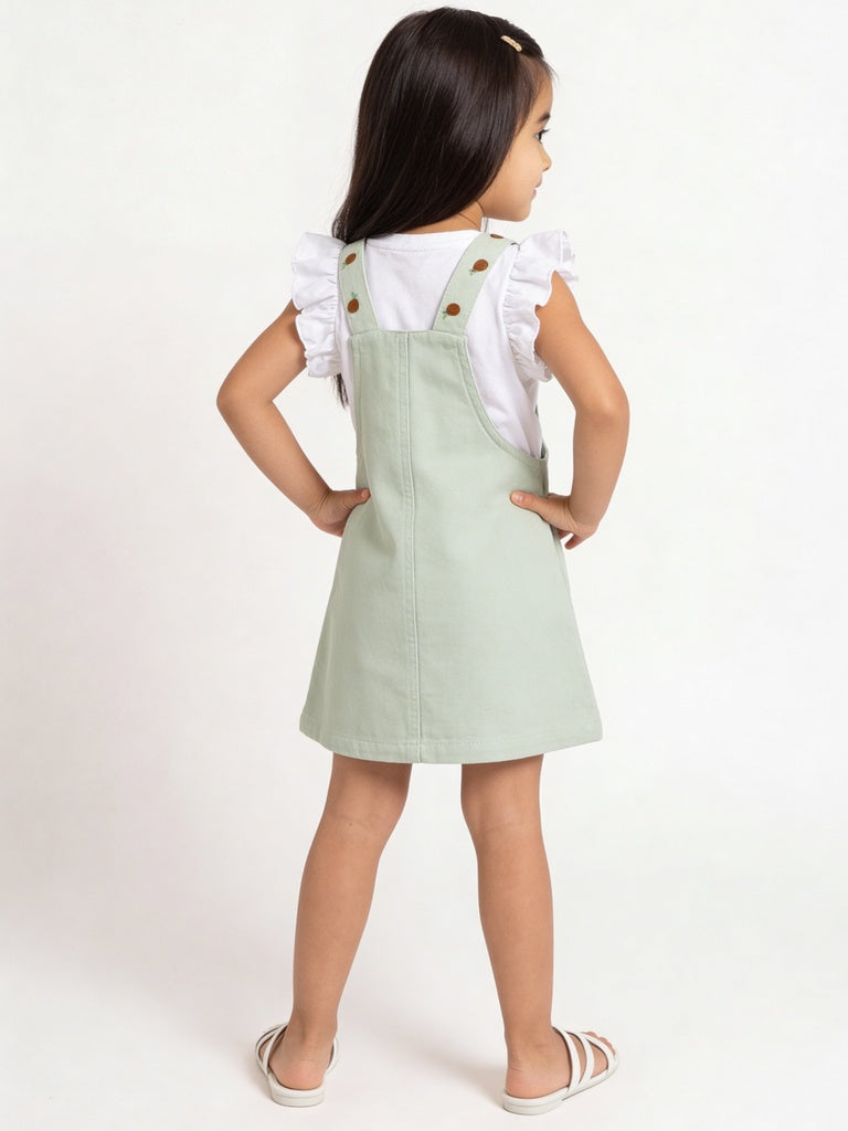 HOP Kids Girls Sage Solid Cotton T-Shirt with Pinafore Set