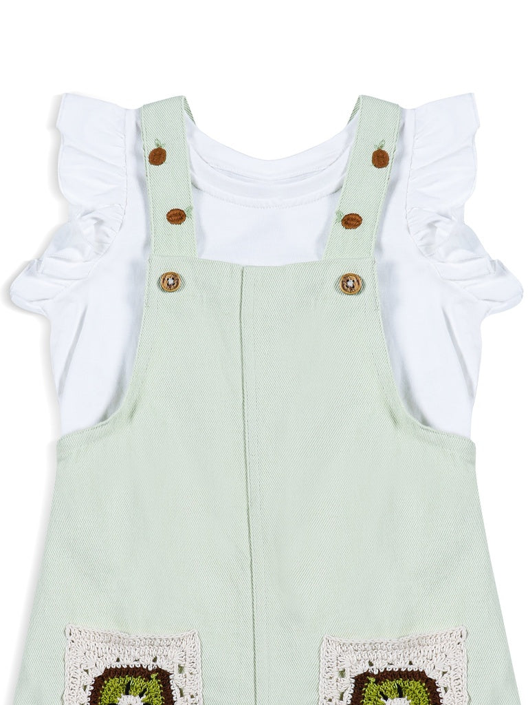 HOP Kids Girls Sage Solid Cotton T-Shirt with Pinafore Set