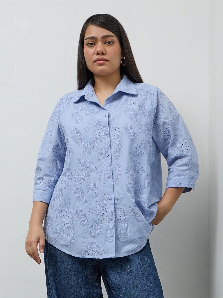 Gia Light Blue Floral Embroidered Cotton Shirt