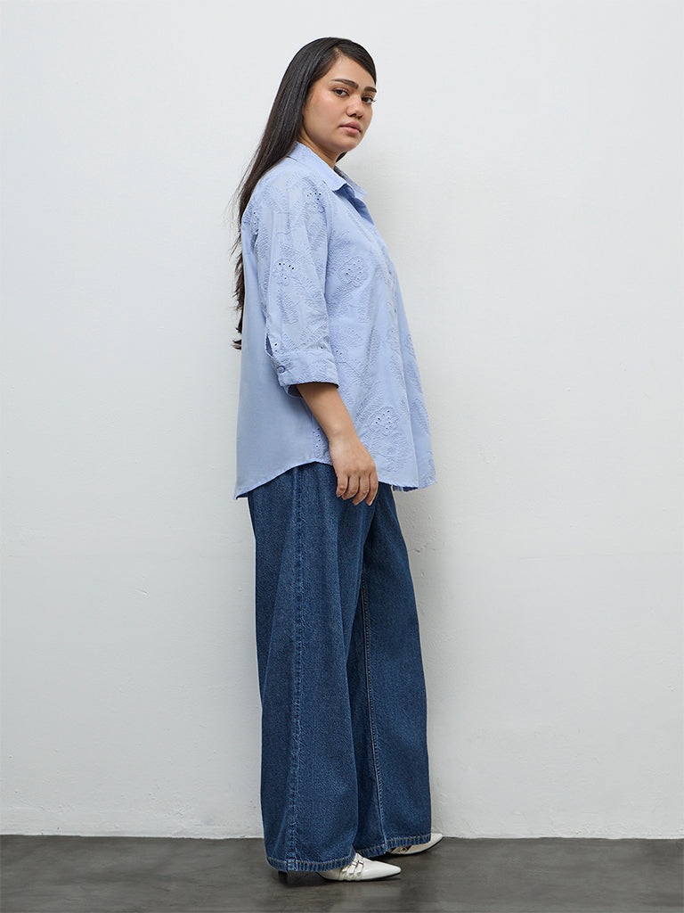Gia Light Blue Floral Embroidered Cotton Shirt