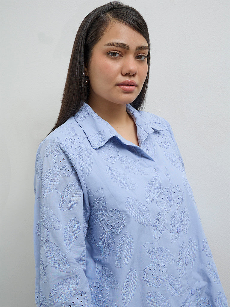 Gia Light Blue Floral Embroidered Cotton Shirt
