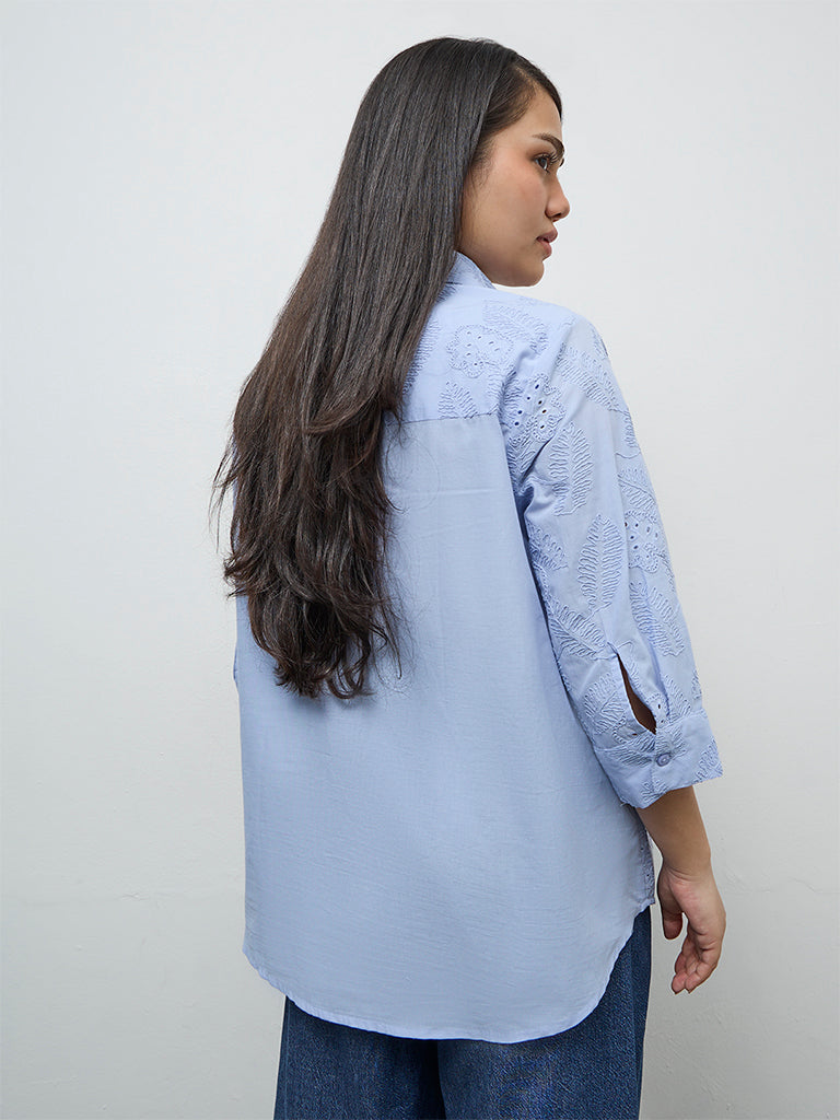 Gia Light Blue Floral Embroidered Cotton Shirt