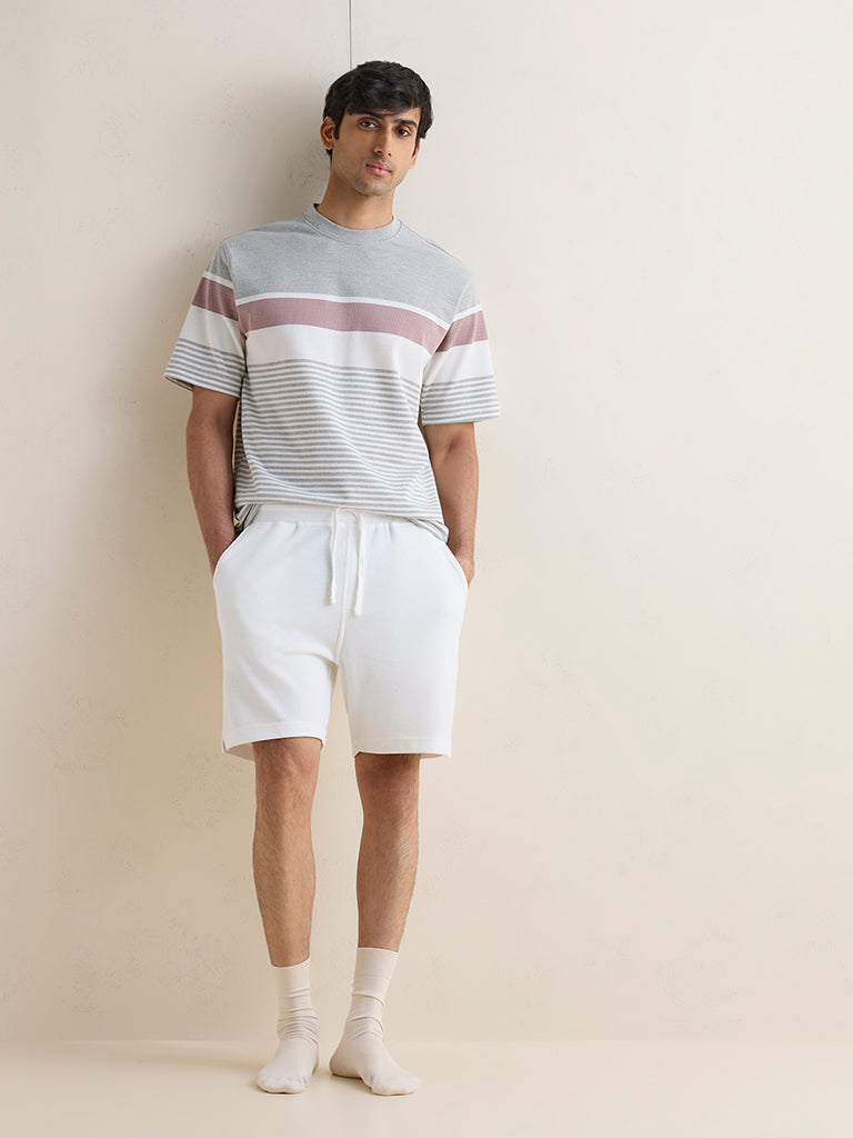 WES Lounge Grey Striped Printed Relaxed-Fit Cotton-Blend T-Shirt